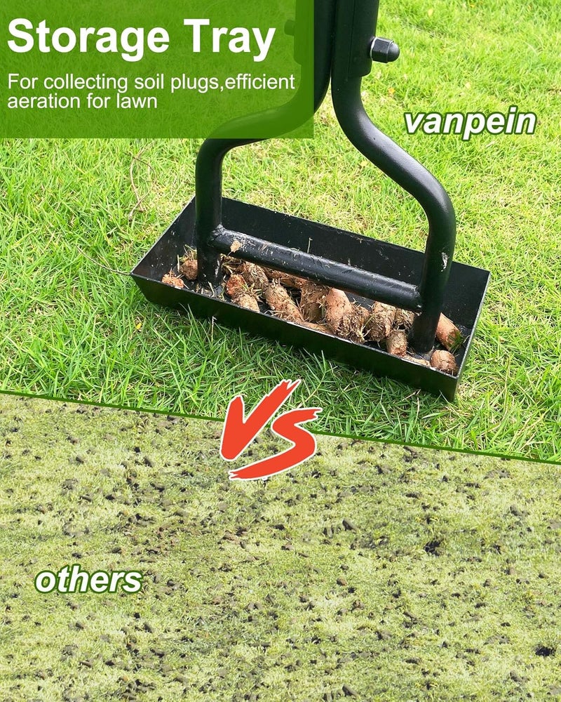 vanpein Store Lawn Aerator Coring Garden Tool with Soil Core Storage Tray, Manual Yard Plug Aerators & Clean Tool, Grass Aeration Gardening Tools with 3 Tines for Lawn Care, Compacted Soil, 37.6” - Image 2